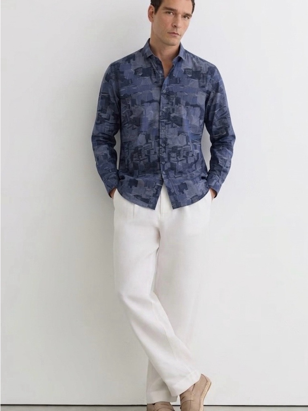 Saks Fifth Avenue Men's Blue Patterned Casual Button-Down Shirt